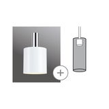 Modern white pendant light with cylindrical chrome metal top for stylish indoor lighting