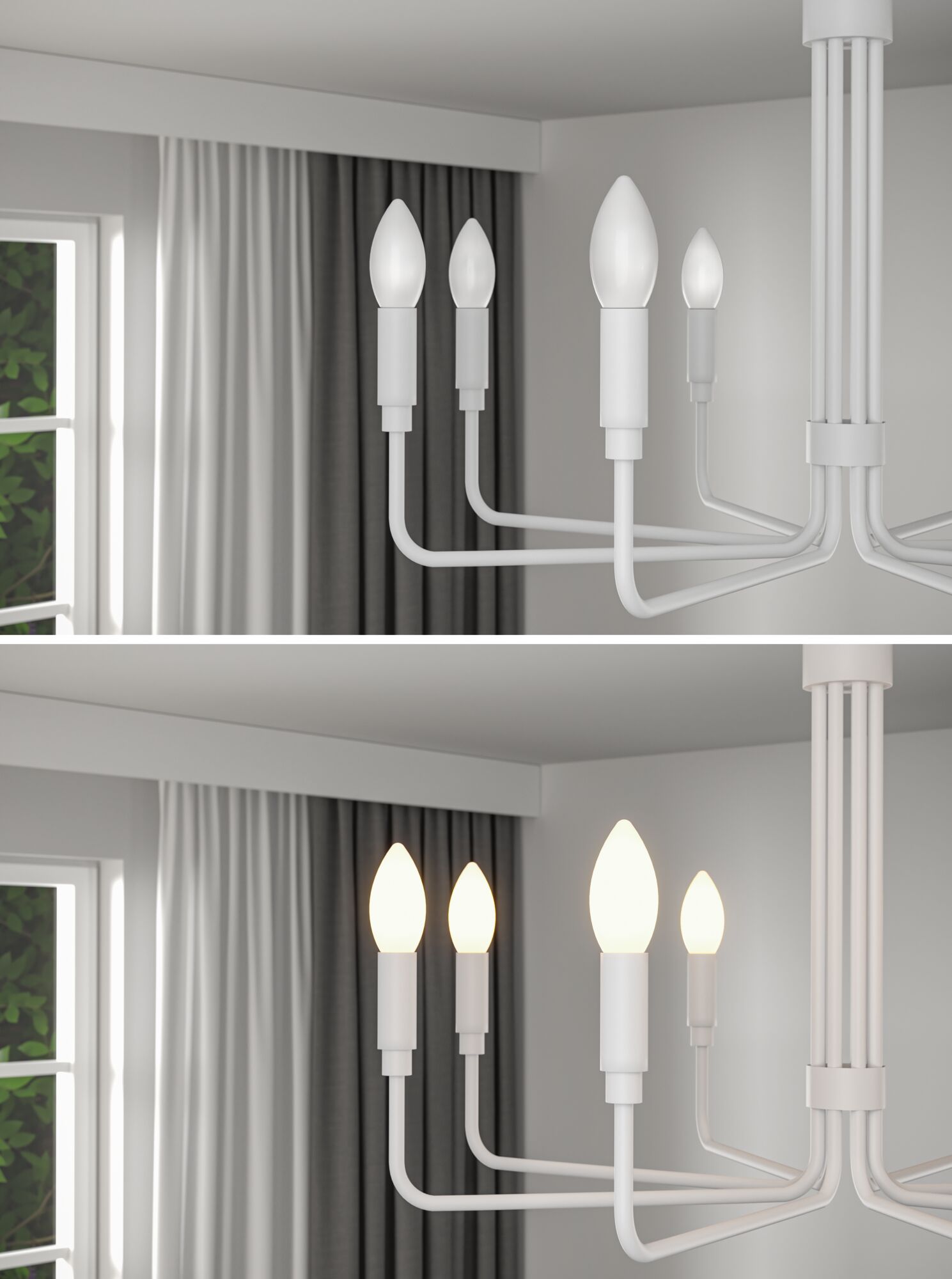 Lustre de plafond blanc moderne avec quatre lampes LED en forme de bougie dans un salon avec rideaux.