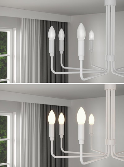 Modern white ceiling chandelier with four candle-shaped LED lights in living room with curtains.