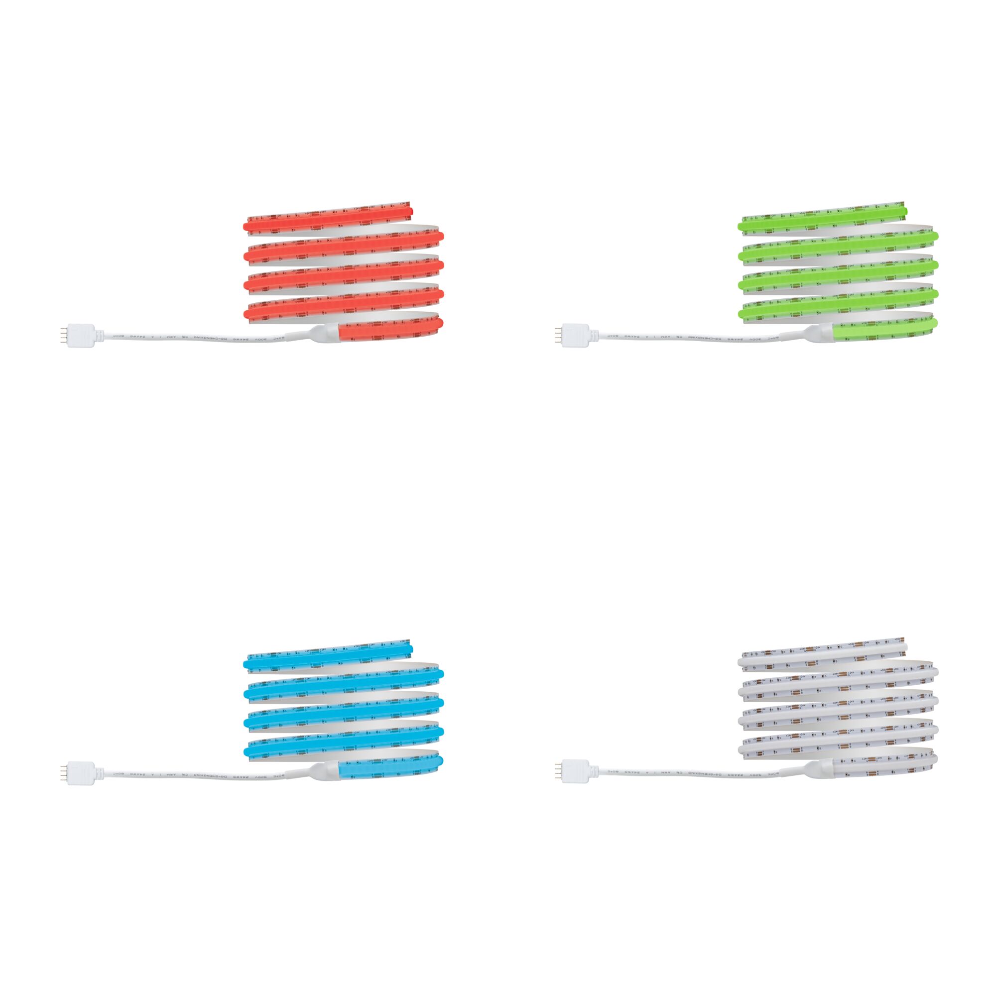Vier LED-lichtstrips in rood, groen, blauw en wit met witte aansluitkabel voor flexibele verlichting