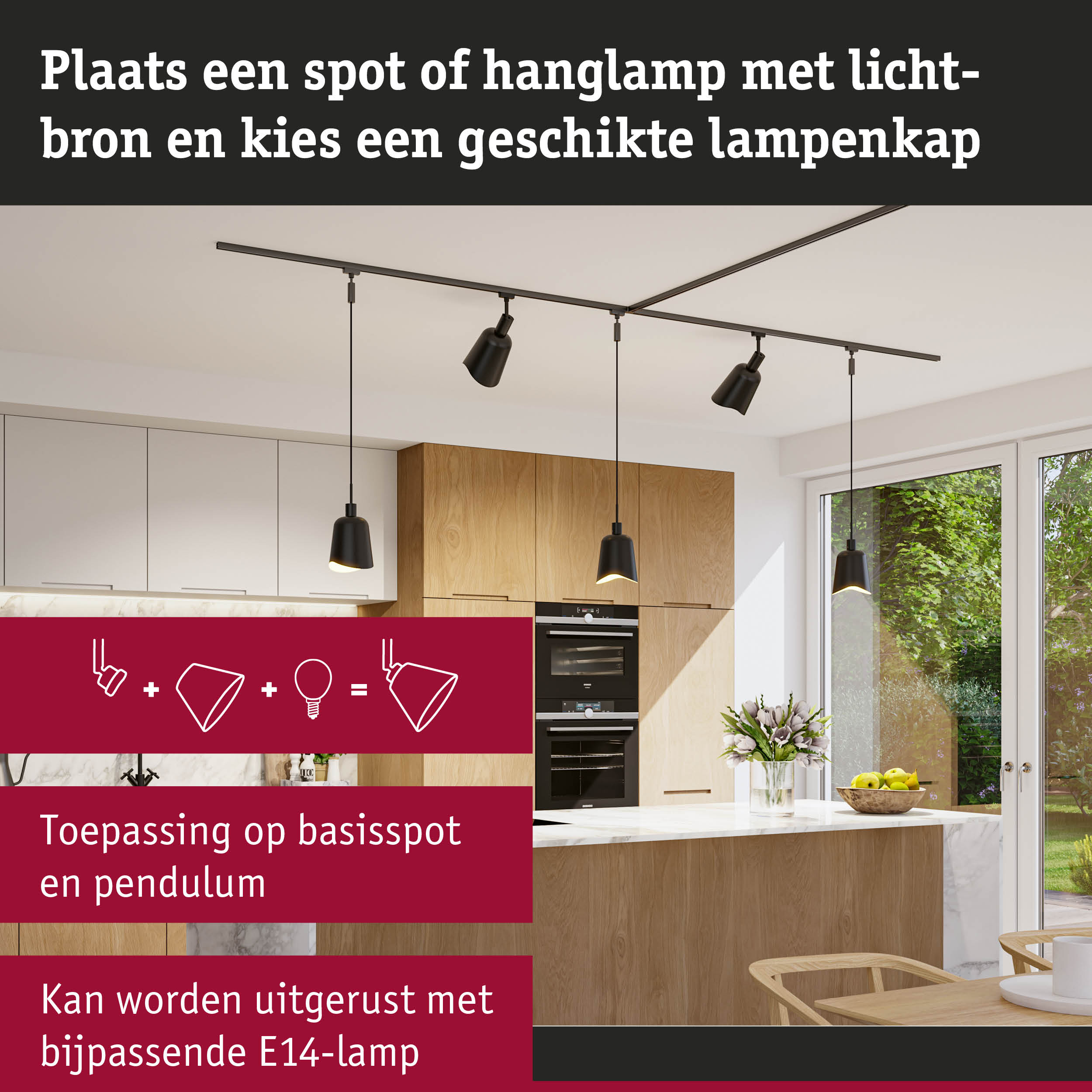 Moderne zwarte hanglampen en spots in keuken met houten kasten en marmeren eiland