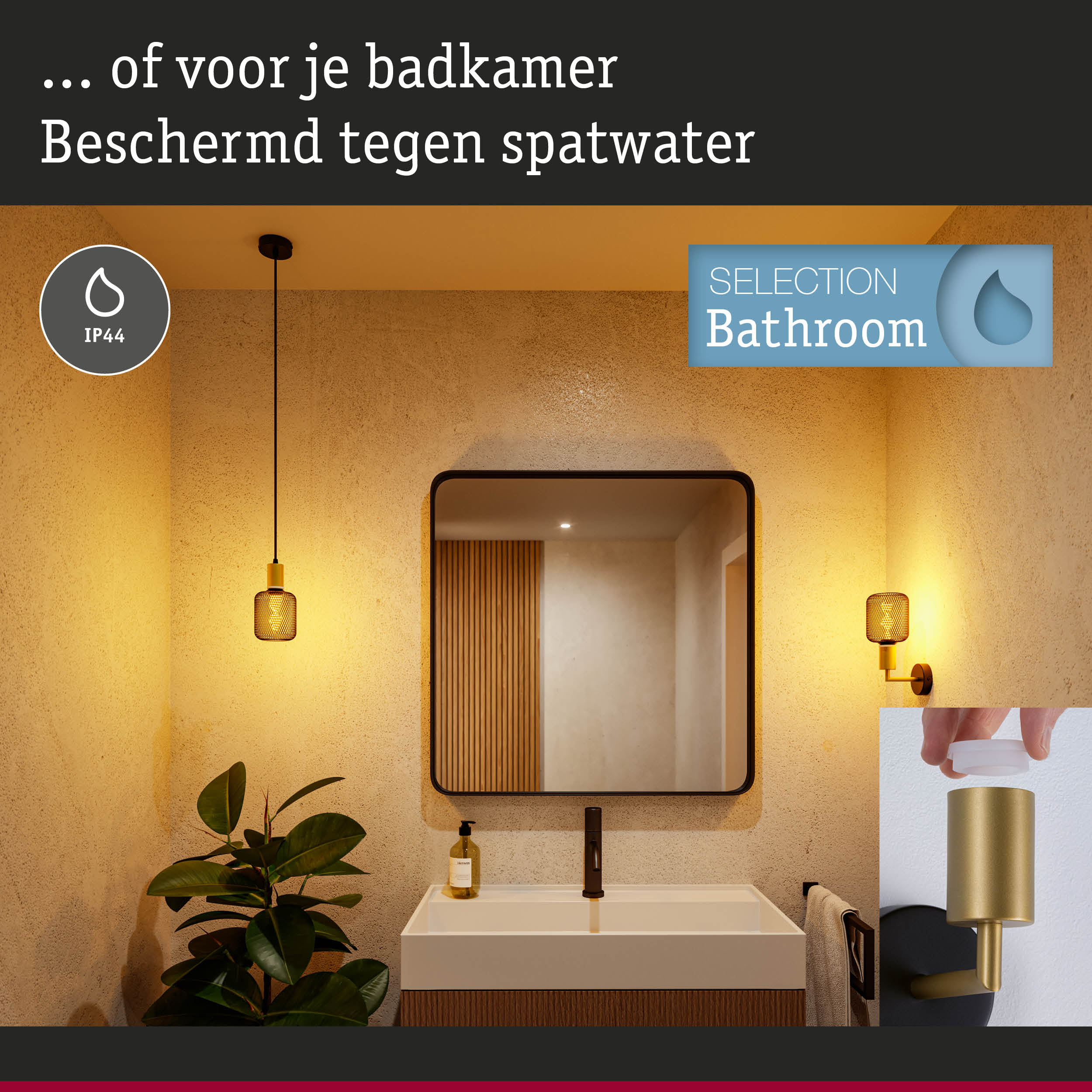 Moderne badkamerverlichting met IP44 spatwaterbescherming, gele hang- en wandlampen in warme sfeer.