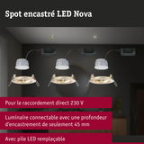 Spot encastré LED Nova pour raccordement 230V, profondeur d'encastrement 45 mm, pile LED remplaçable