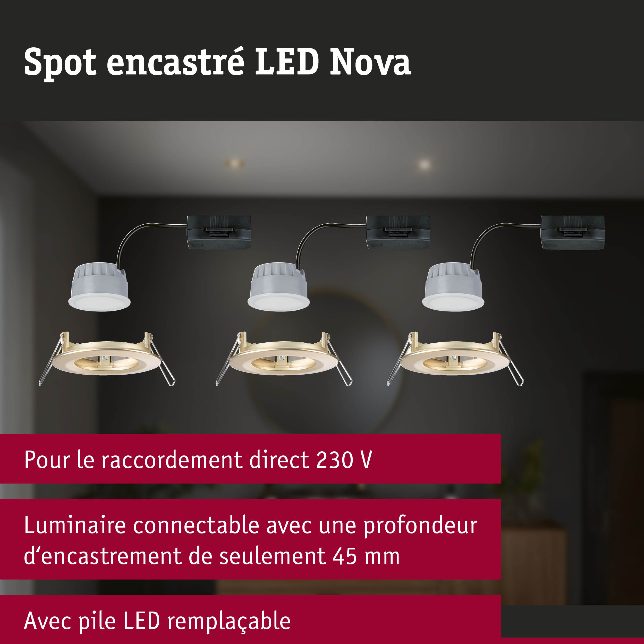 Trois spots LED encastrés blancs avec supports noirs et anneaux intérieurs dorés pour éclairage plafond moderne