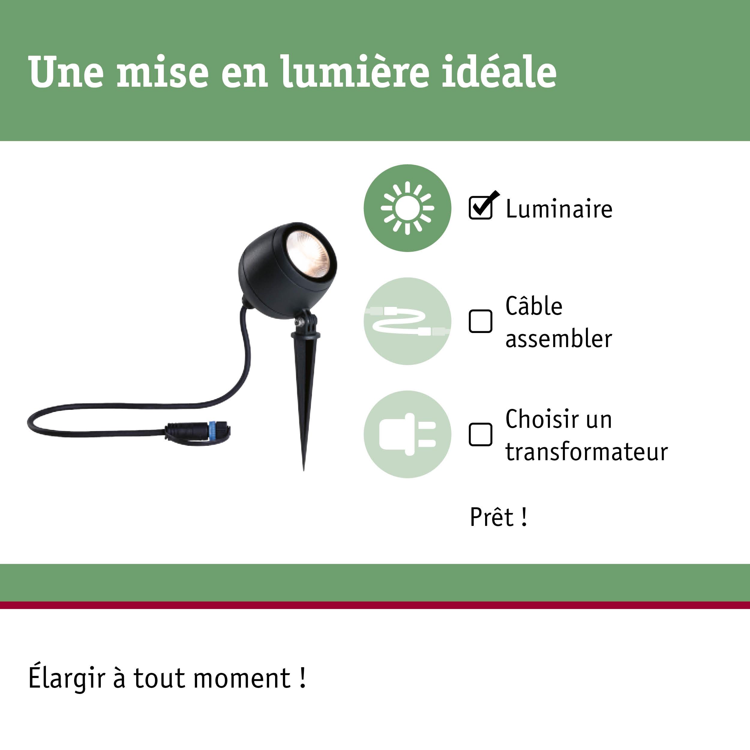 Projecteur LED noir avec piquet de terre et câble pour éclairage extérieur.