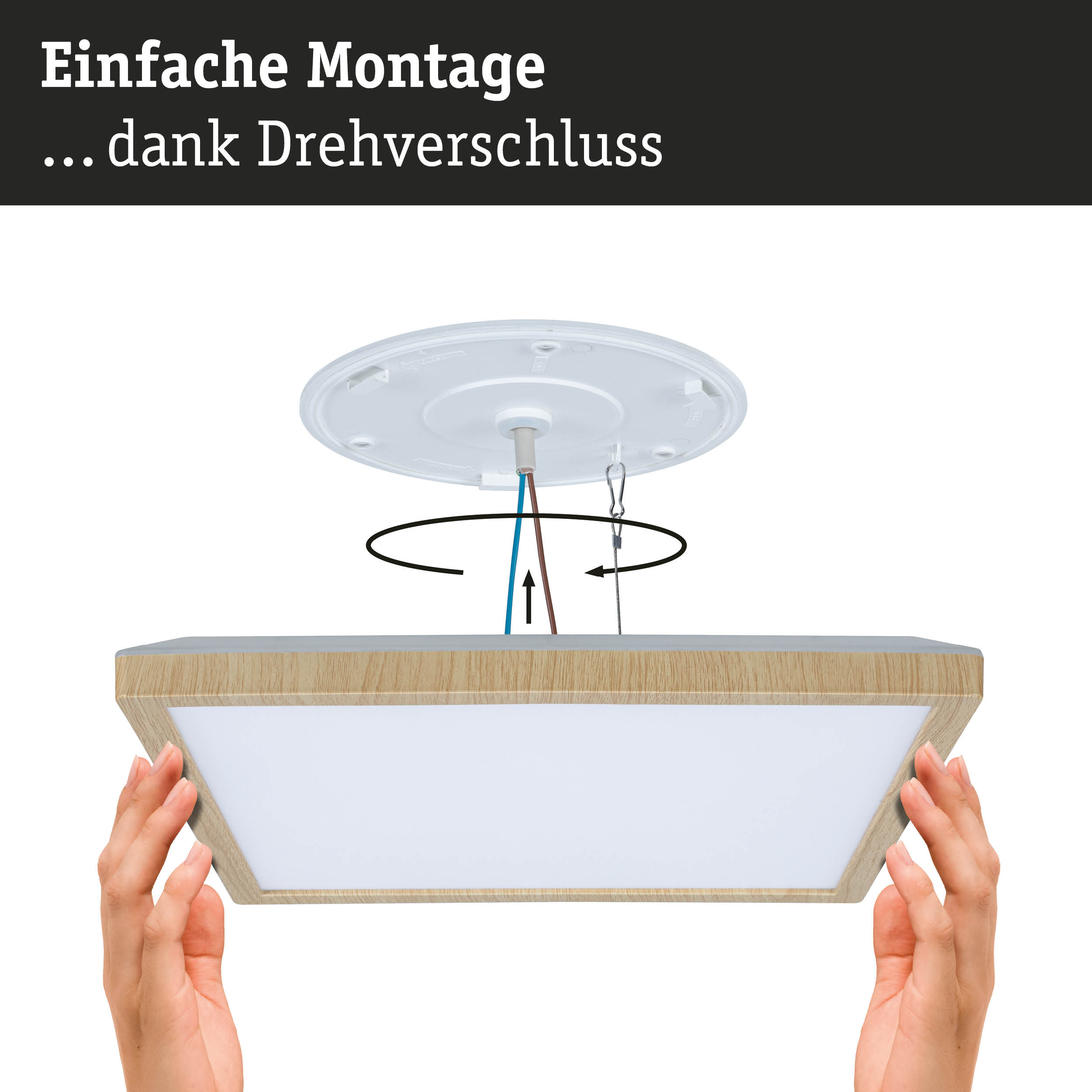 Montageanleitung für eine Deckenleuchte mit Holzrahmen und einfachem Drehverschluss zur Befestigung