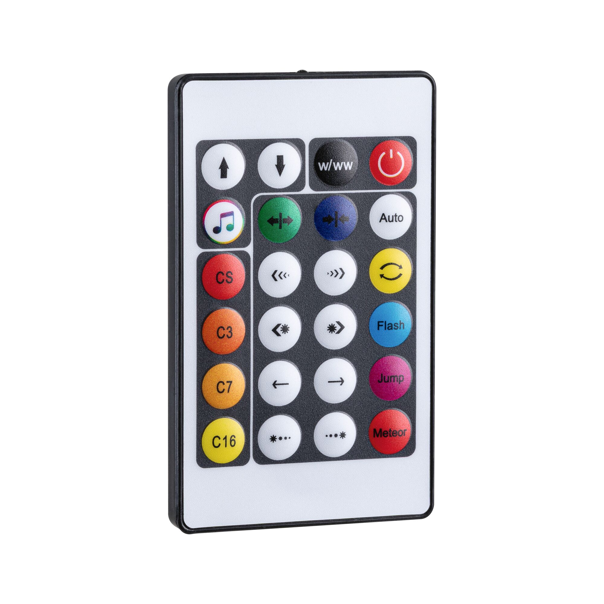 Remote control with colorful buttons for light effects in black and white plastic casing
