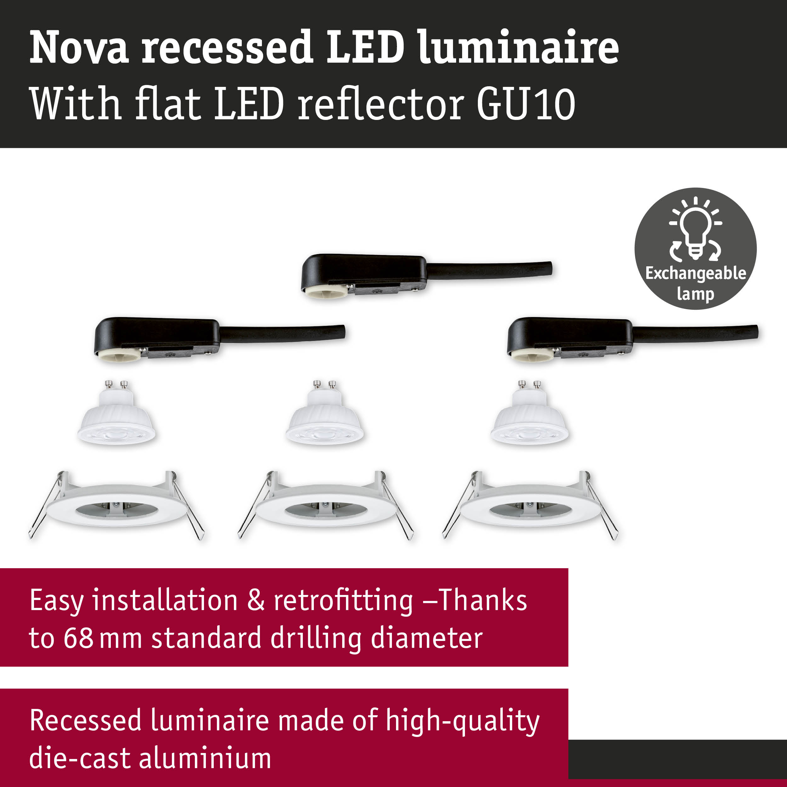 Nova recessed LED luminaire in white die-cast aluminium with black GU10 LED reflector for energy-efficient lighting