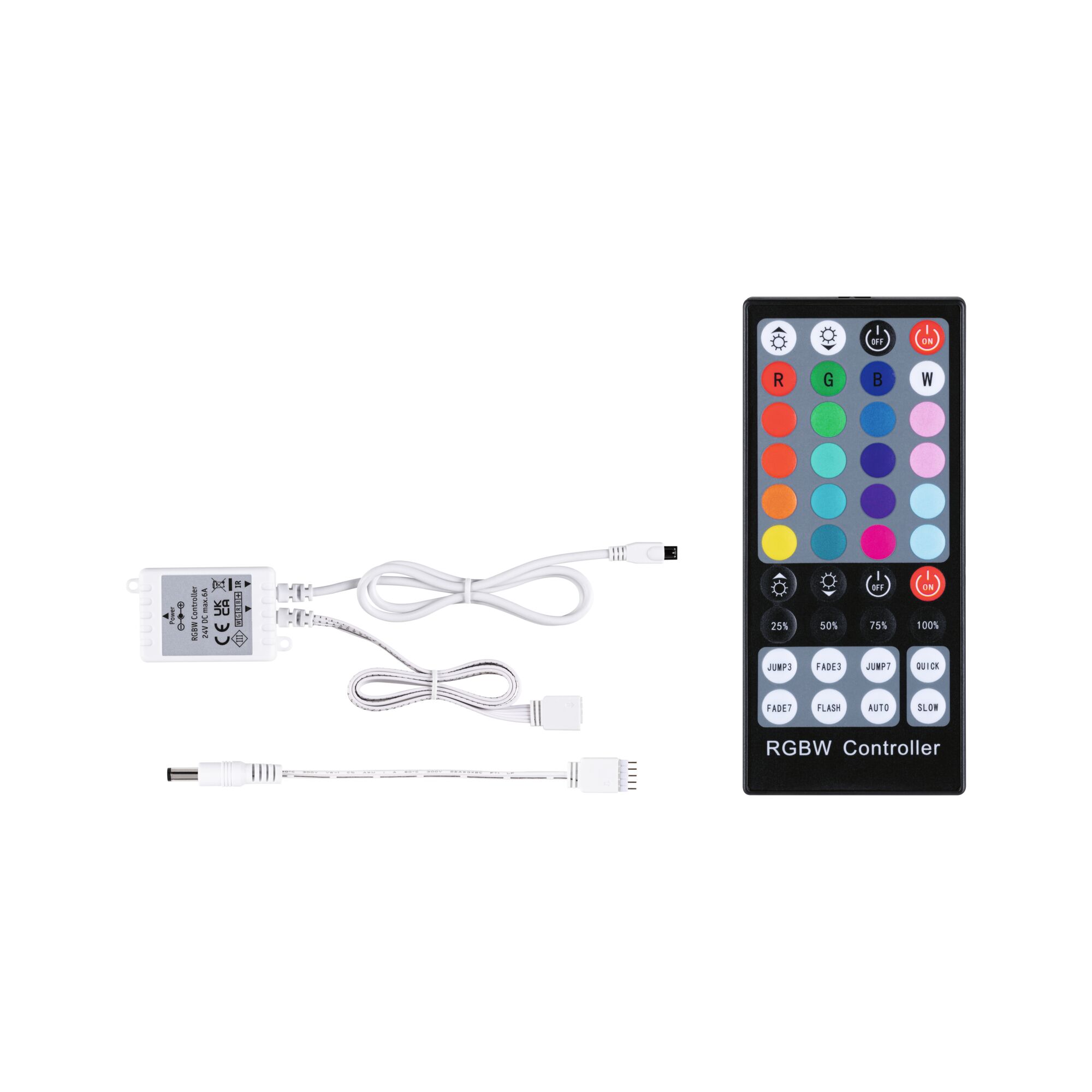 MaxLED Akcesoria Sterowanie RGBW LED Strip wraz z pilotem IR 24V max. 144W Biały RGBW controller with remote and white cables for LED strip lighting control with multiple colour options