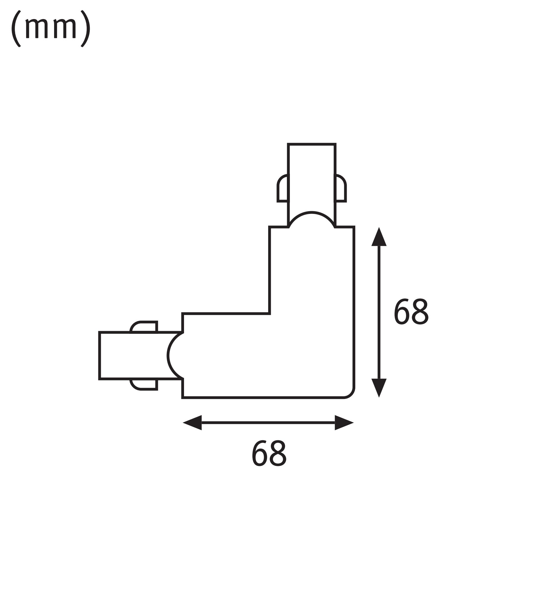 Technische tekening van L-vormige connector met 68 mm zijden voor LED-railsysteem