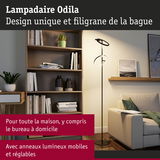 Lampadaire noir Odila avec anneaux LED réglables dans un salon moderne avec bibliothèque et canapé
