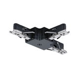 Connecteur noir en plastique et métal pour systèmes de rails, adapté à l’éclairage LED sur rail.