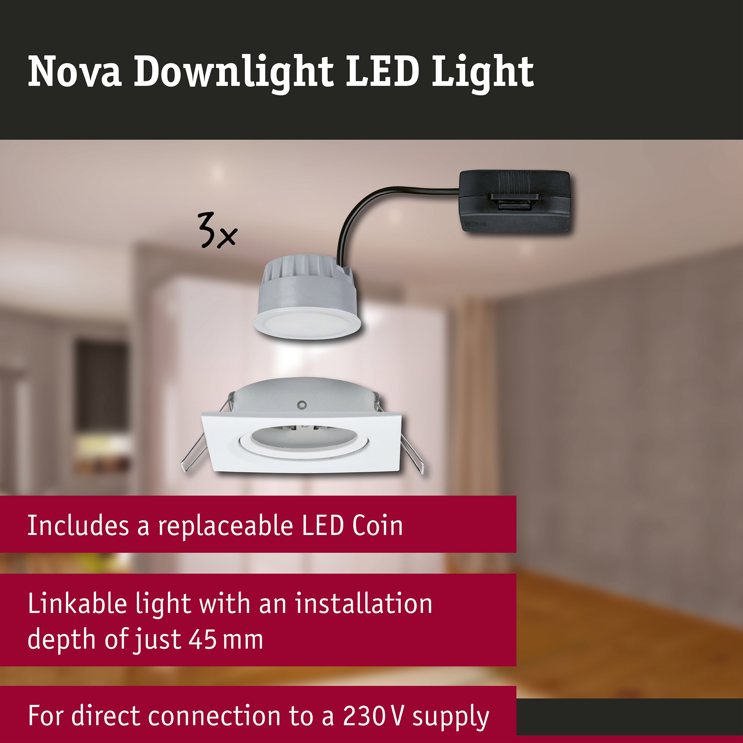 LED Downlight 3-Step-Dim Nova Coin Basic Set Swivelling angular 84x84mm 50° Coin 3x6W 3x470lm 230V dimmable 2700K Matt white