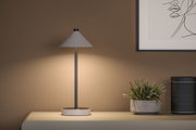 Moderne Tischlampe mit grauem Metallfuß und konischem Schirm auf Sideboard neben Pflanze und Lautsprecher