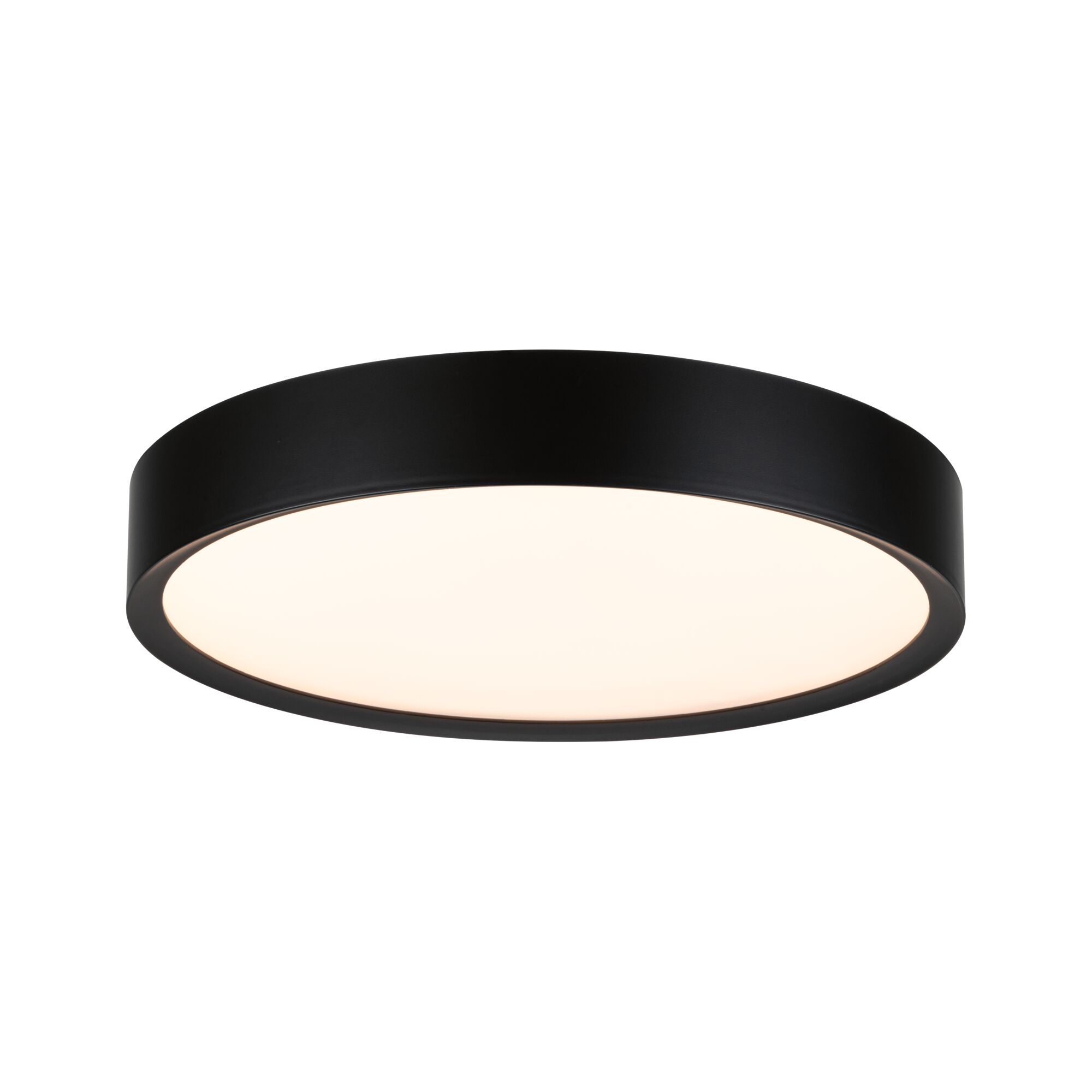 Round LED ceiling light with black metal frame and warm white light for modern living spaces