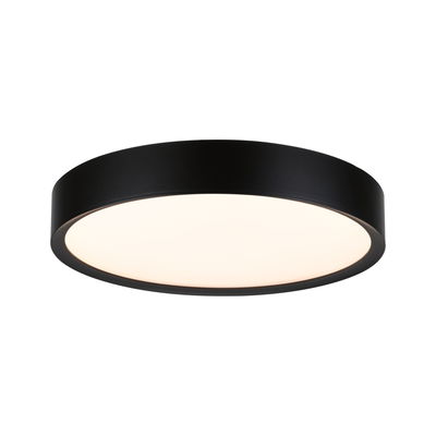 Round LED ceiling light with black metal frame and warm white light for modern living spaces