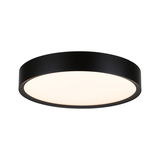 Round LED ceiling light with black metal frame and warm white light for modern living spaces