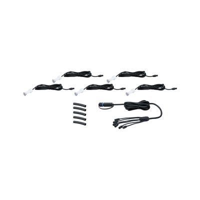 Set of five white LED recessed spotlights with black connection cable for versatile lighting setup