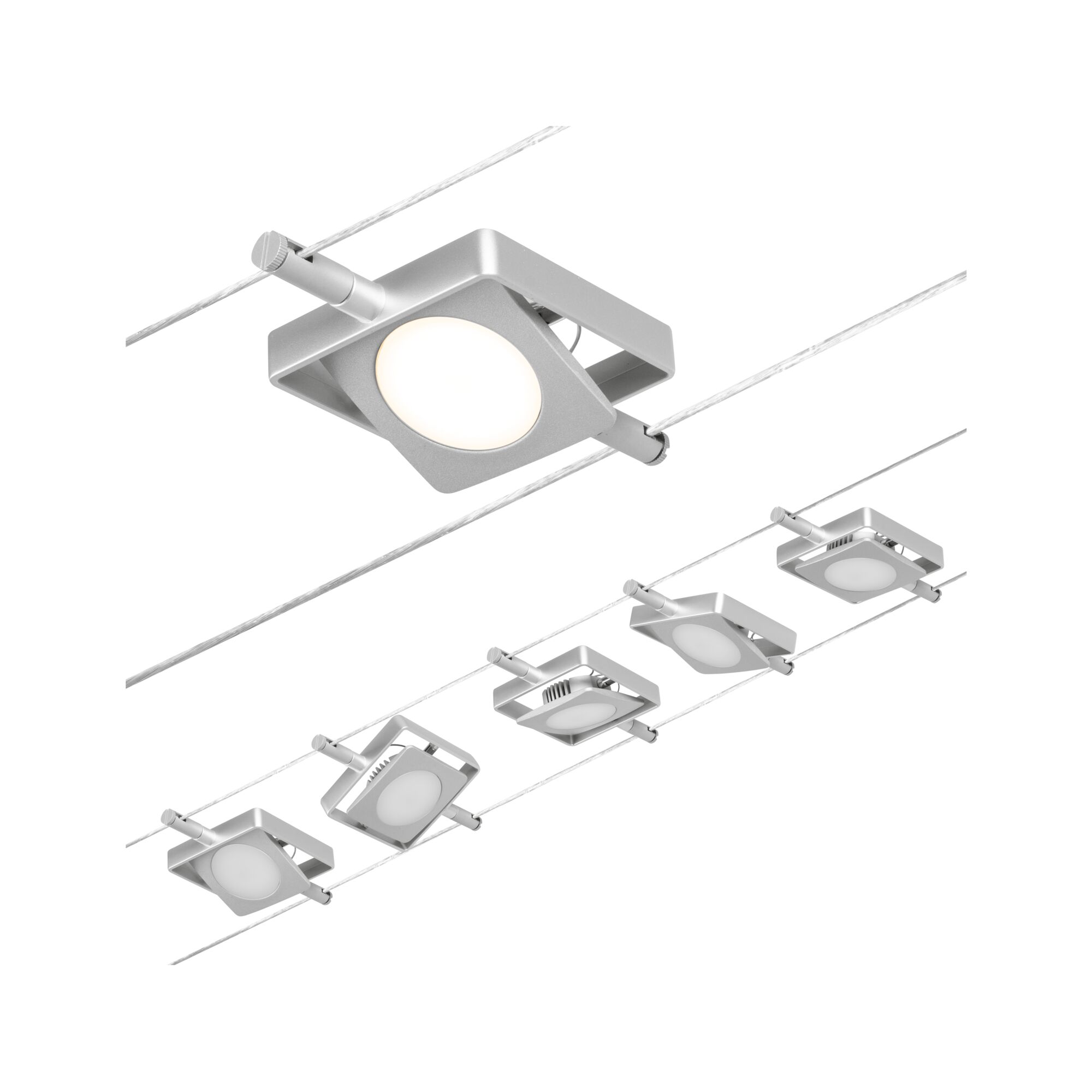 Moderner quadratischer LED-Seilstrahler in silbernem Aluminium mit warmweißem Licht