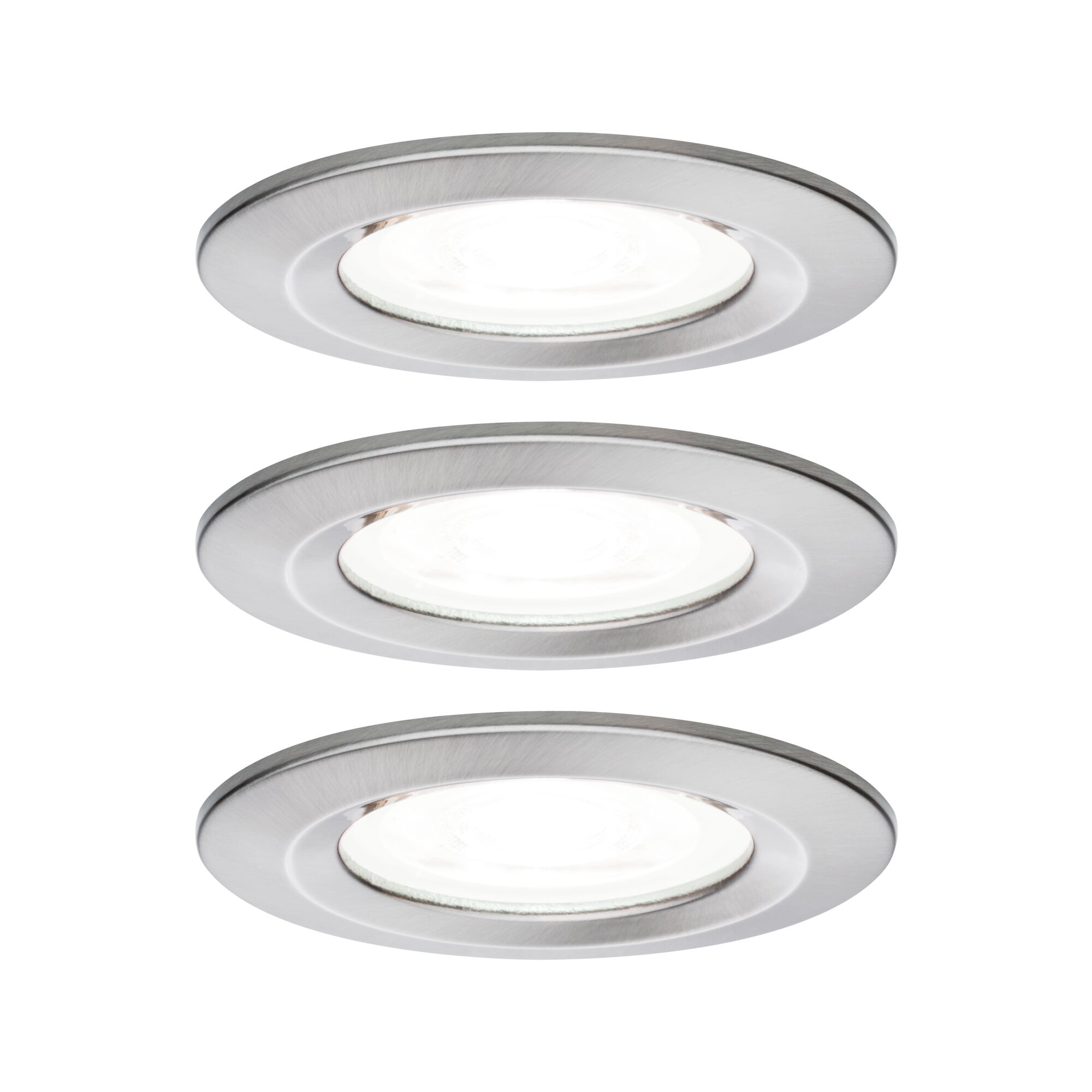 Drei runde Einbaustrahler aus gebürstetem Edelstahl mit weißem LED-Licht für moderne Raumbeleuchtung