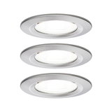 Tre runde indbygningsspots i børstet rustfrit stål med hvid LED-lys til moderne rumbelysning