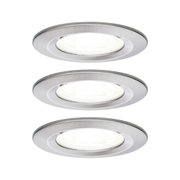 Three round recessed spotlights in brushed stainless steel with white LED light for modern room lighting