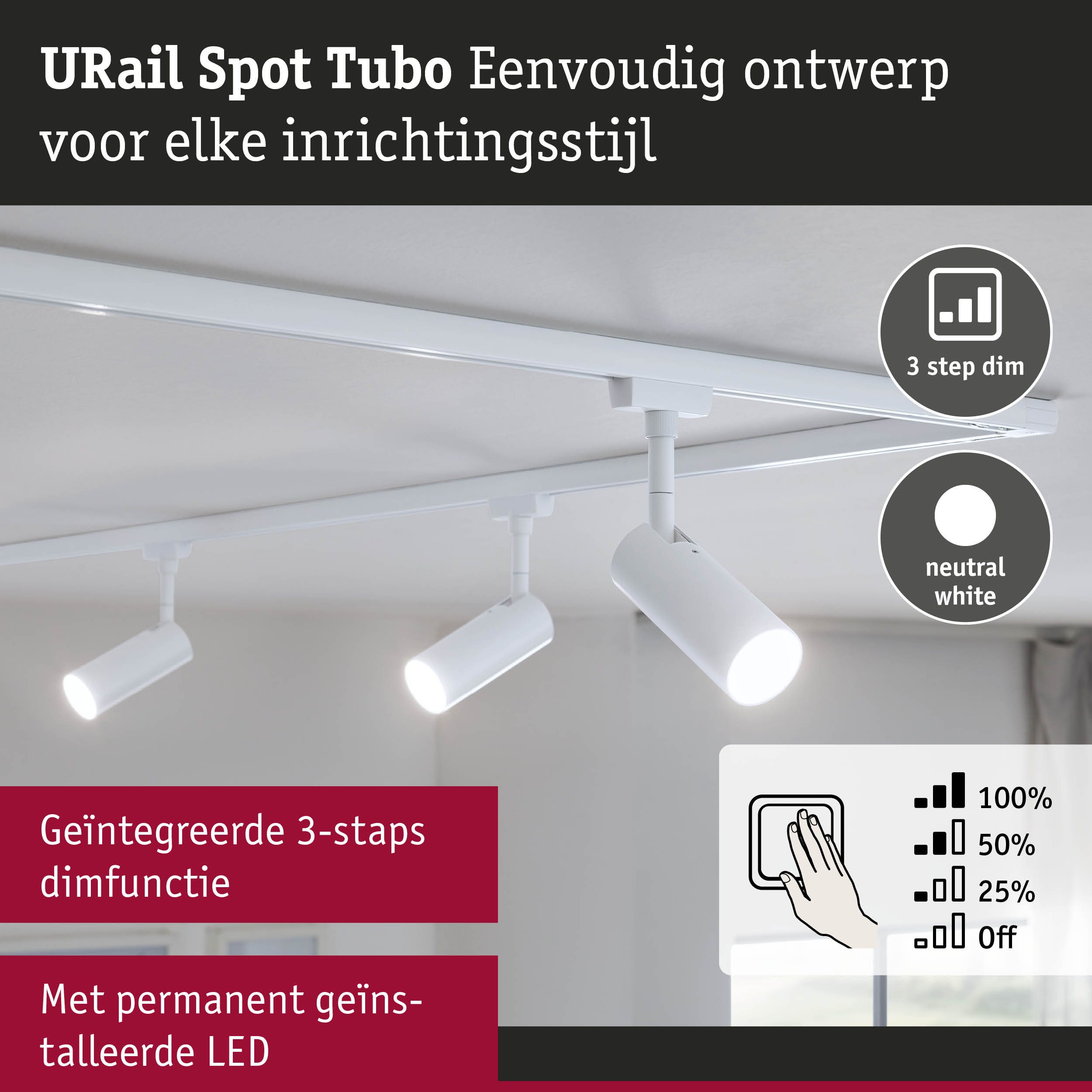 Witte URail Spot Tubo LED-spot met geïntegreerde 3-staps dimfunctie voor moderne binnenverlichting