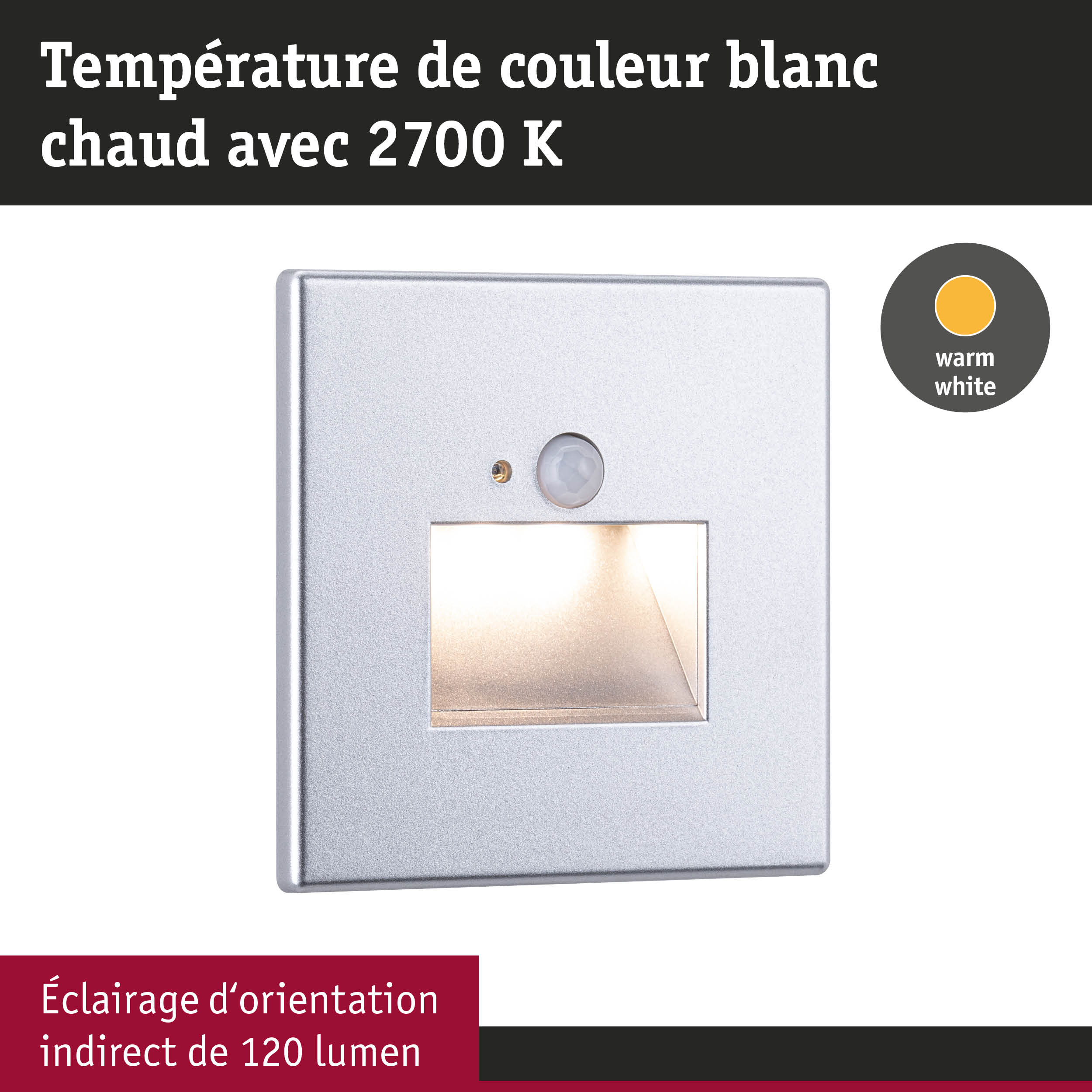 Applique murale LED argentée avec détecteur de mouvement et lumière blanc chaud 2700K pour éclairage d’orientation