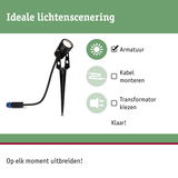Zwarte LED-tuinschijnwerper met grondpen en kabelconnector voor flexibele buitenverlichting