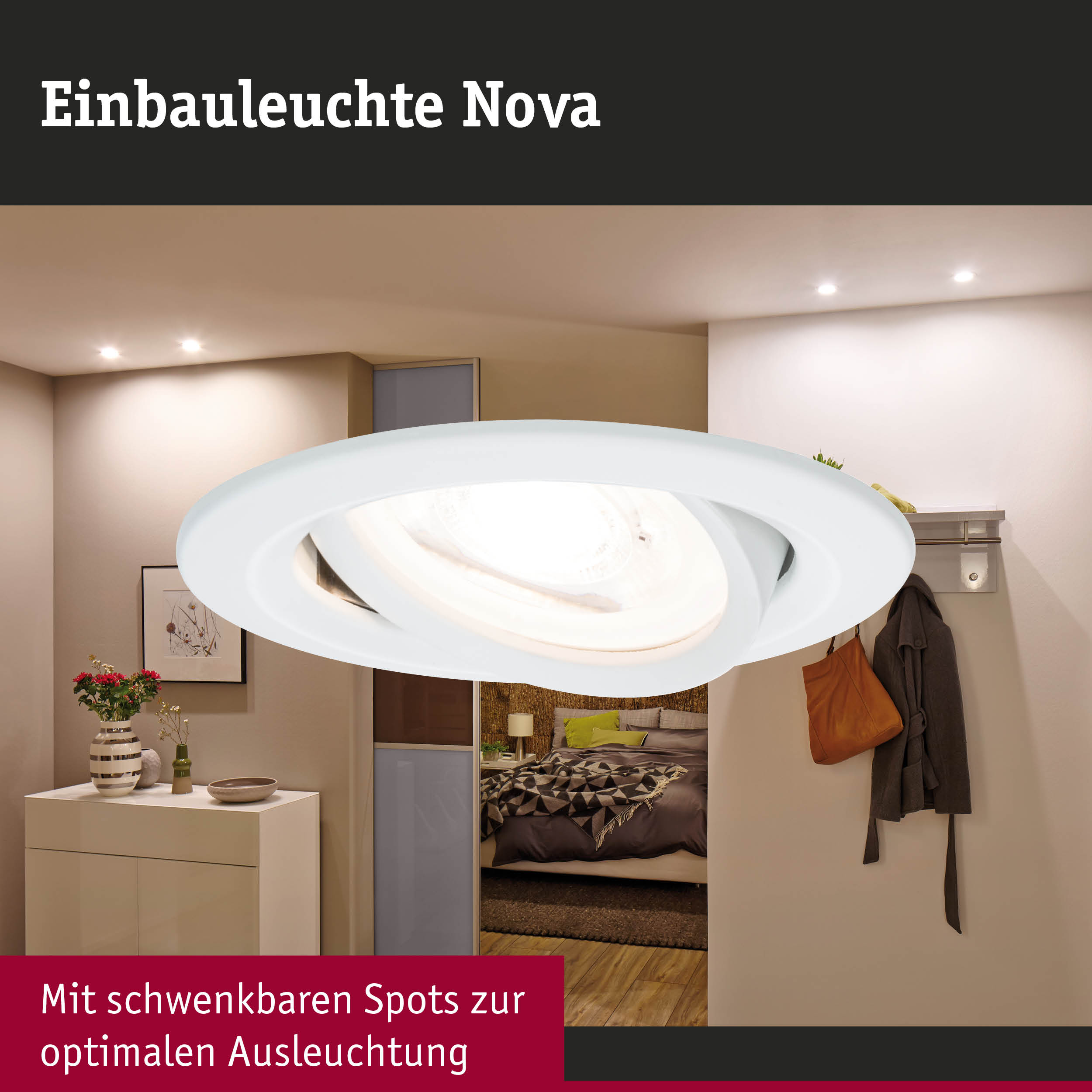 Weiße Einbauleuchte Nova mit schwenkbaren Spots für optimale Raumbeleuchtung im modernen Wohnzimmer