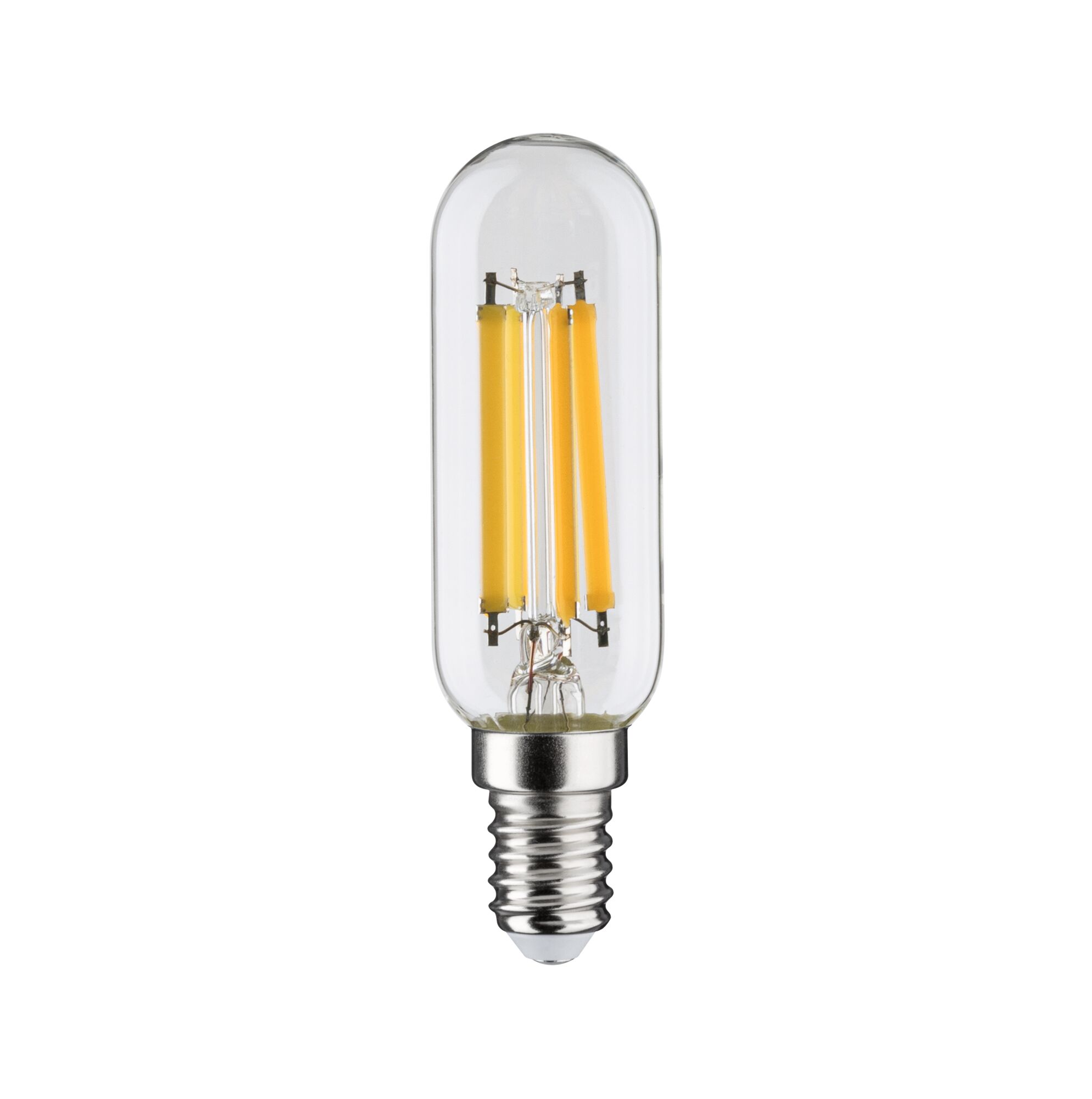 Clear LED bulb with E14 base and yellow filaments for energy-efficient lighting