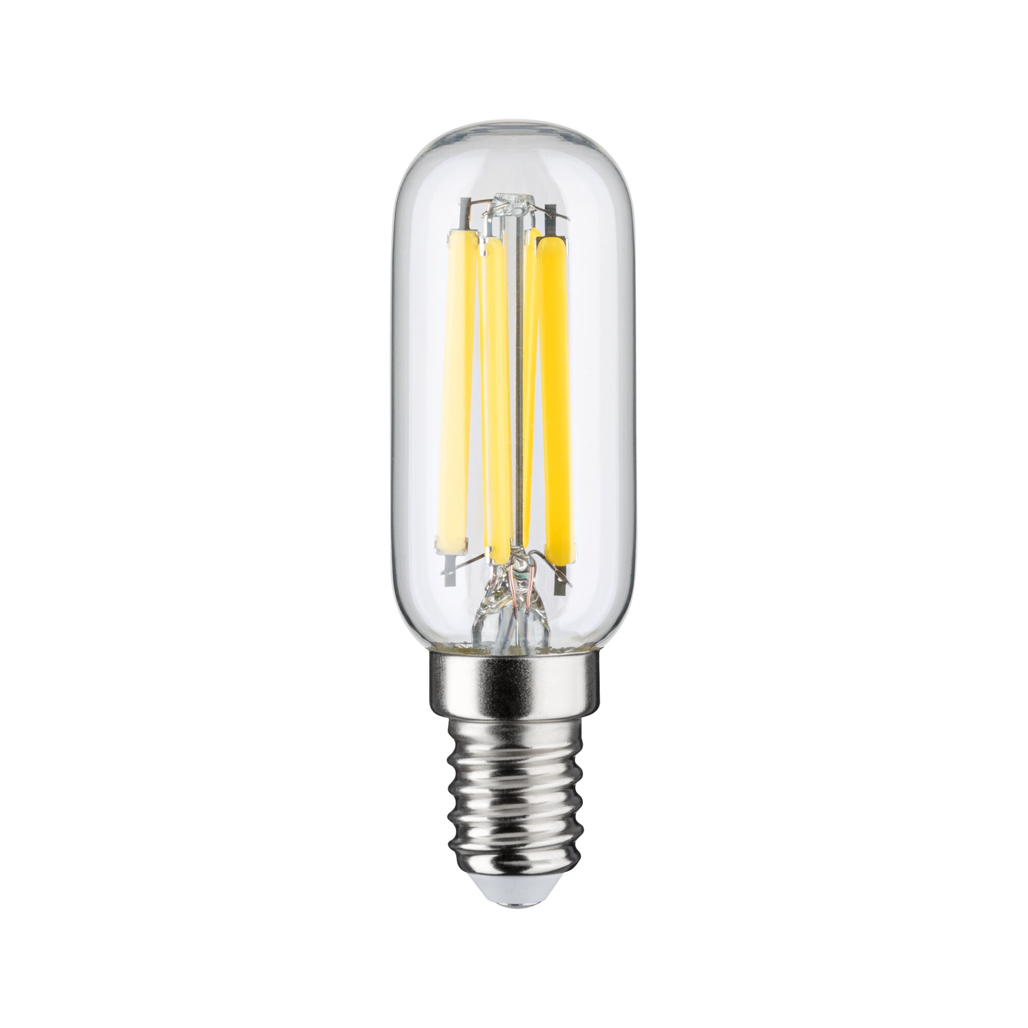 LED bulb with clear glass and yellow filaments, energy-saving light with E14 base for home lighting