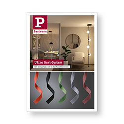 Flyer mit ULine Gurt-System in verschiedenen Farben für moderne Beleuchtungslösungen.