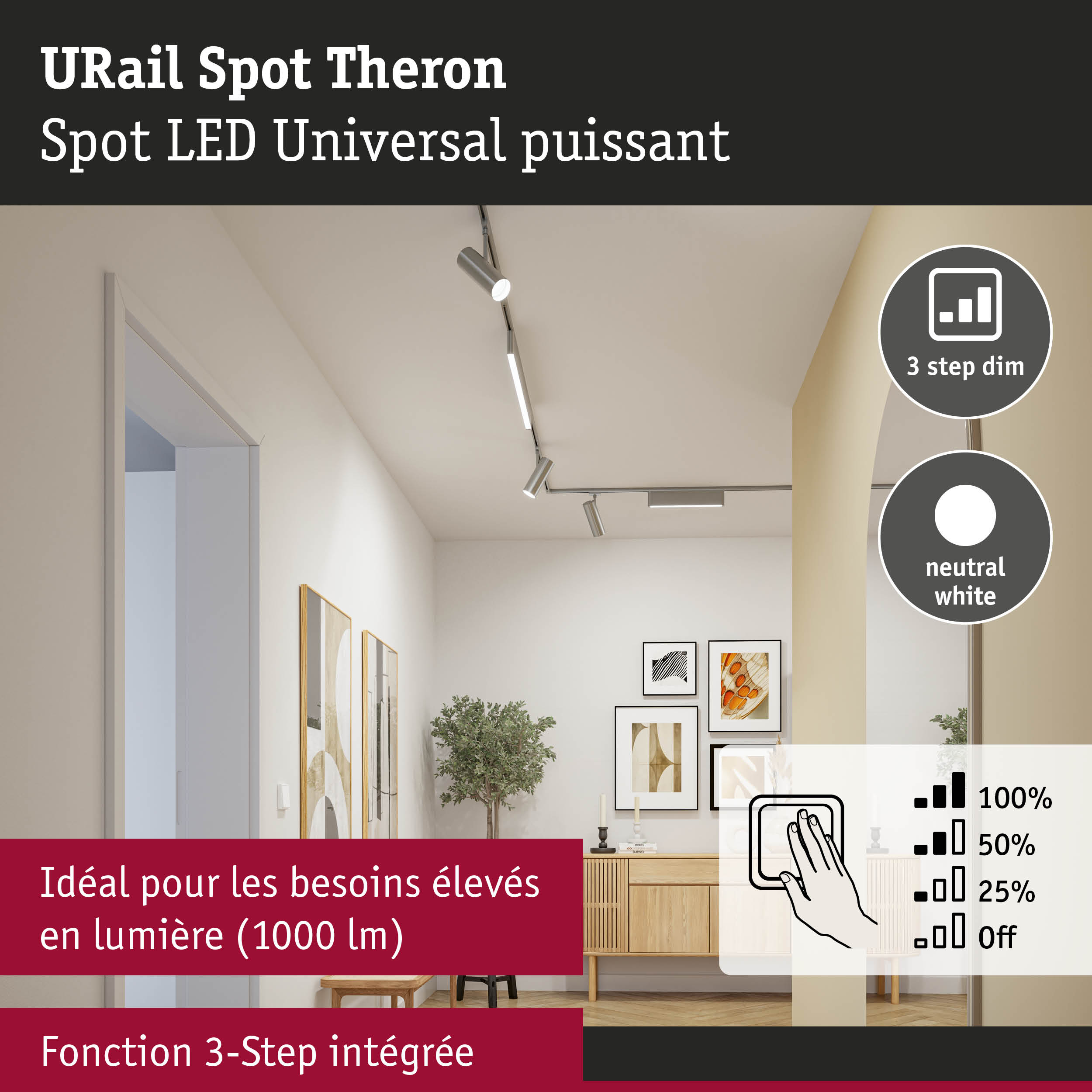 Spot LED URail Theron argent avec fonction 3-étapes et lumière blanc neutre pour intérieur