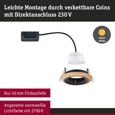 LED-Einbaustrahler mit Holzring und Direktanschluss 230V, warmweiße Lichtfarbe 2700K, 45 mm Einbautiefe