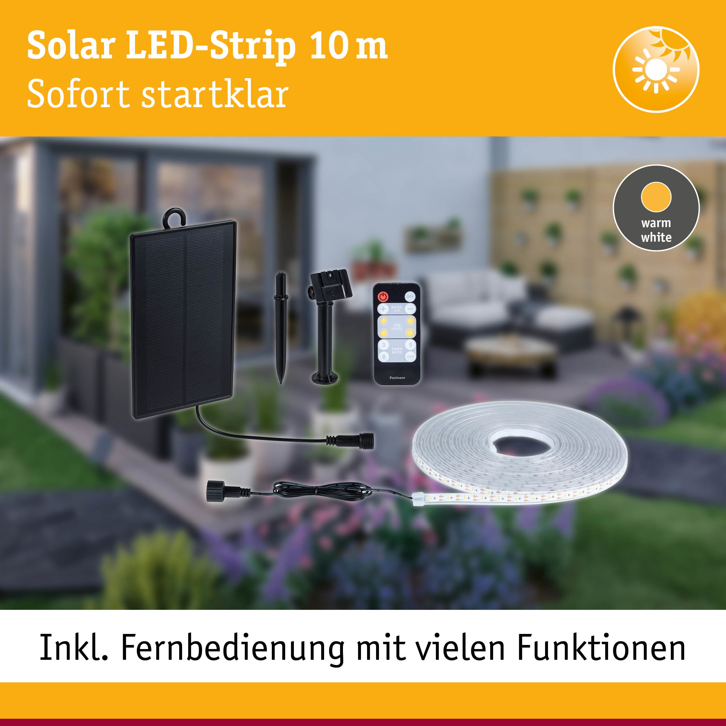 Solar LED-Strip 10 m mit Fernbedienung und warmweißem Licht für energiesparende Außenbeleuchtung