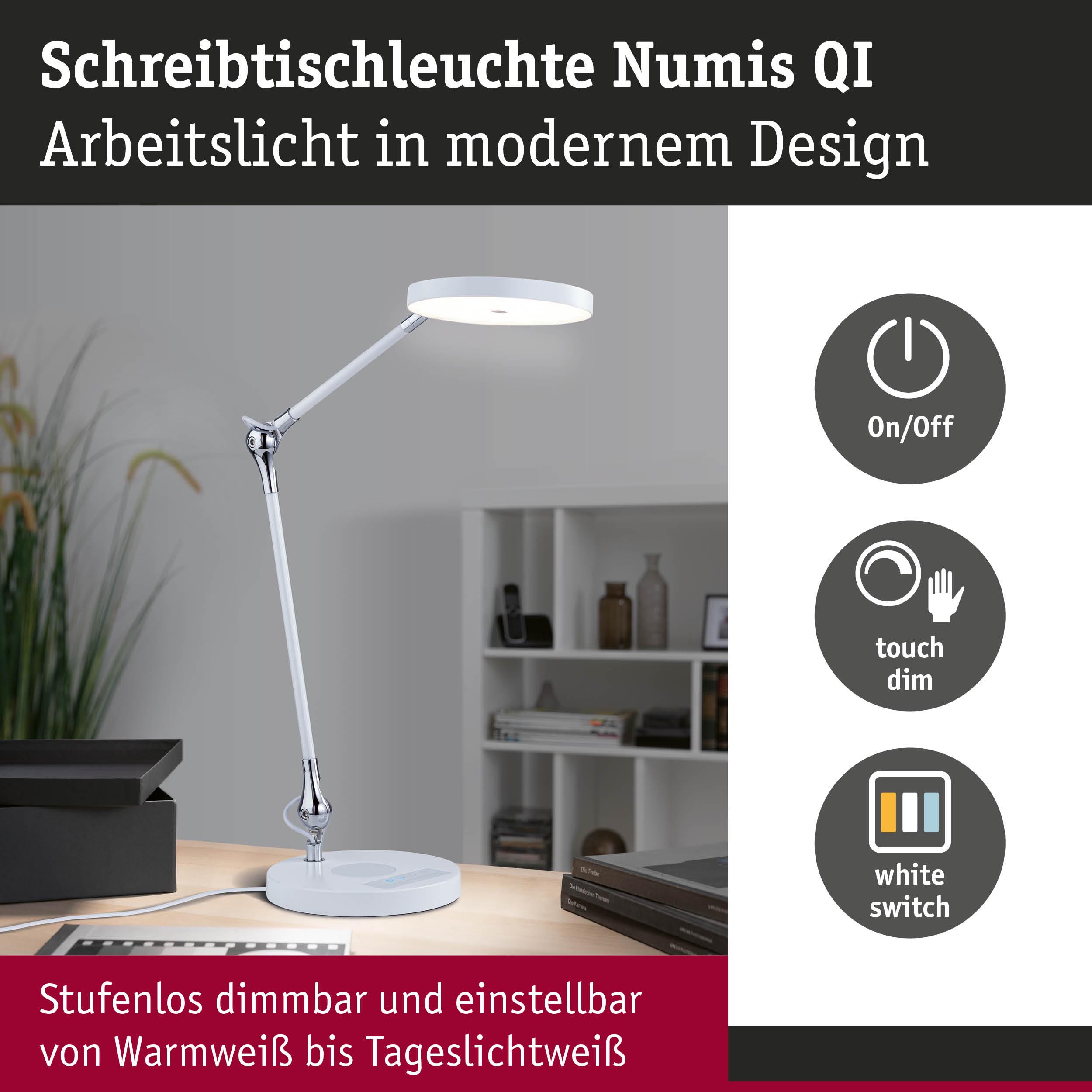 Weiße LED-Schreibtischleuchte Numis QI mit dimmbarer Lichtfarbe von Warmweiß bis Tageslichtweiß