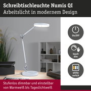 Weiße Schreibtischleuchte Numis QI mit Touch-Dimmer und modernem Design für Bürobeleuchtung