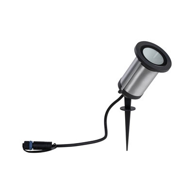 Stainless steel garden spotlight with black ground spike and cable for outdoor LED lighting