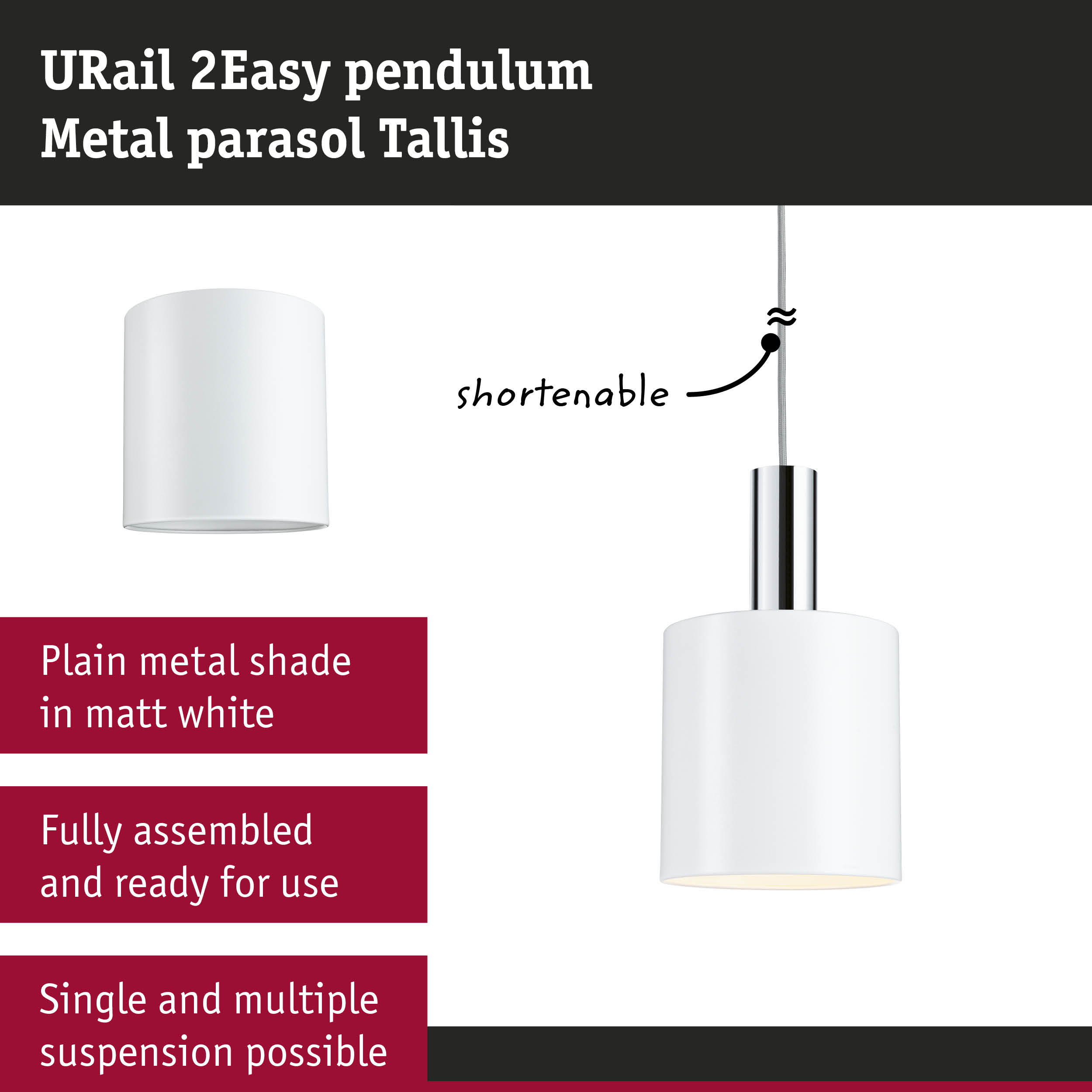 Matt white metal shade of URail 2Easy pendant light with adjustable cable for modern interior lighting