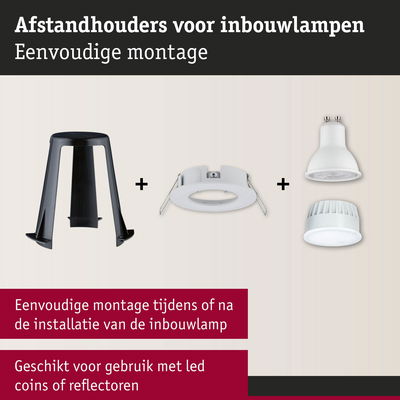 Zwarte afstandhouder, witte inbouwring en LED-lichtbronnen voor eenvoudige montage van inbouwspots