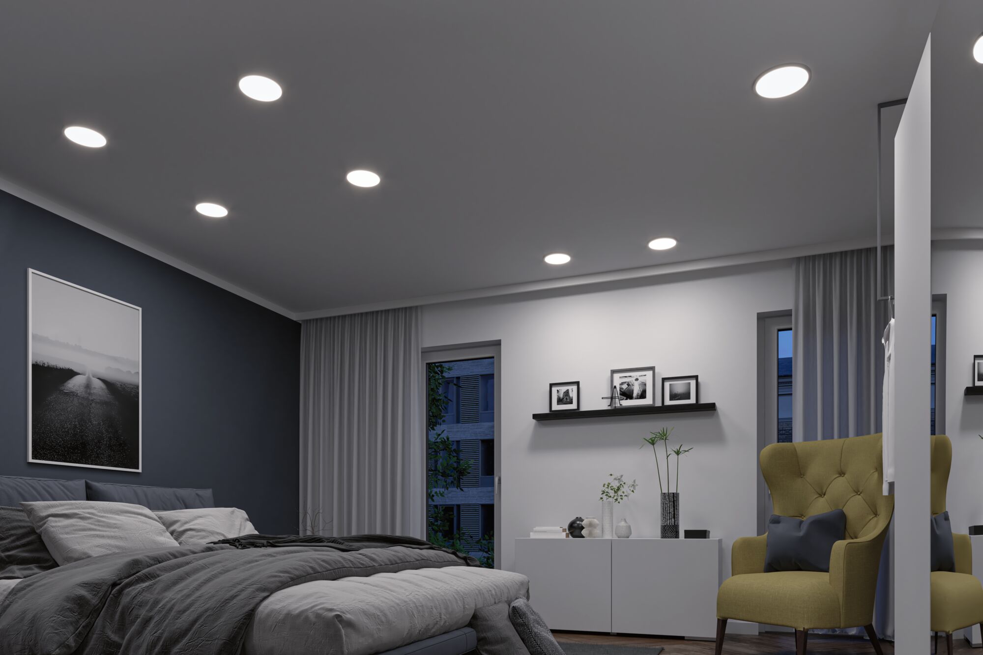 Modern bedroom with white LED recessed lights in ceiling providing energy-efficient room lighting.