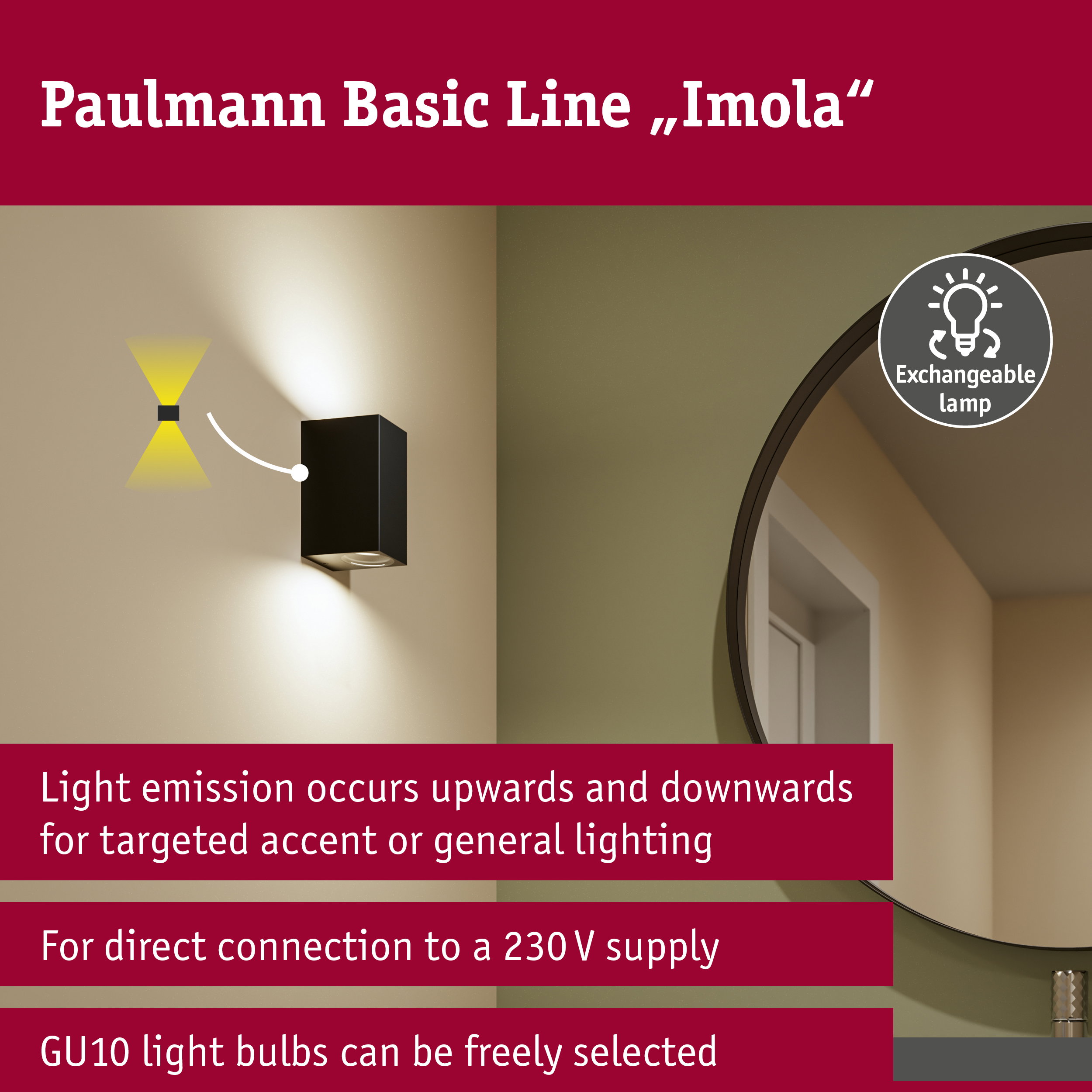 Wall light Imola IP44 GU10 230V max. 2x10W Black matt