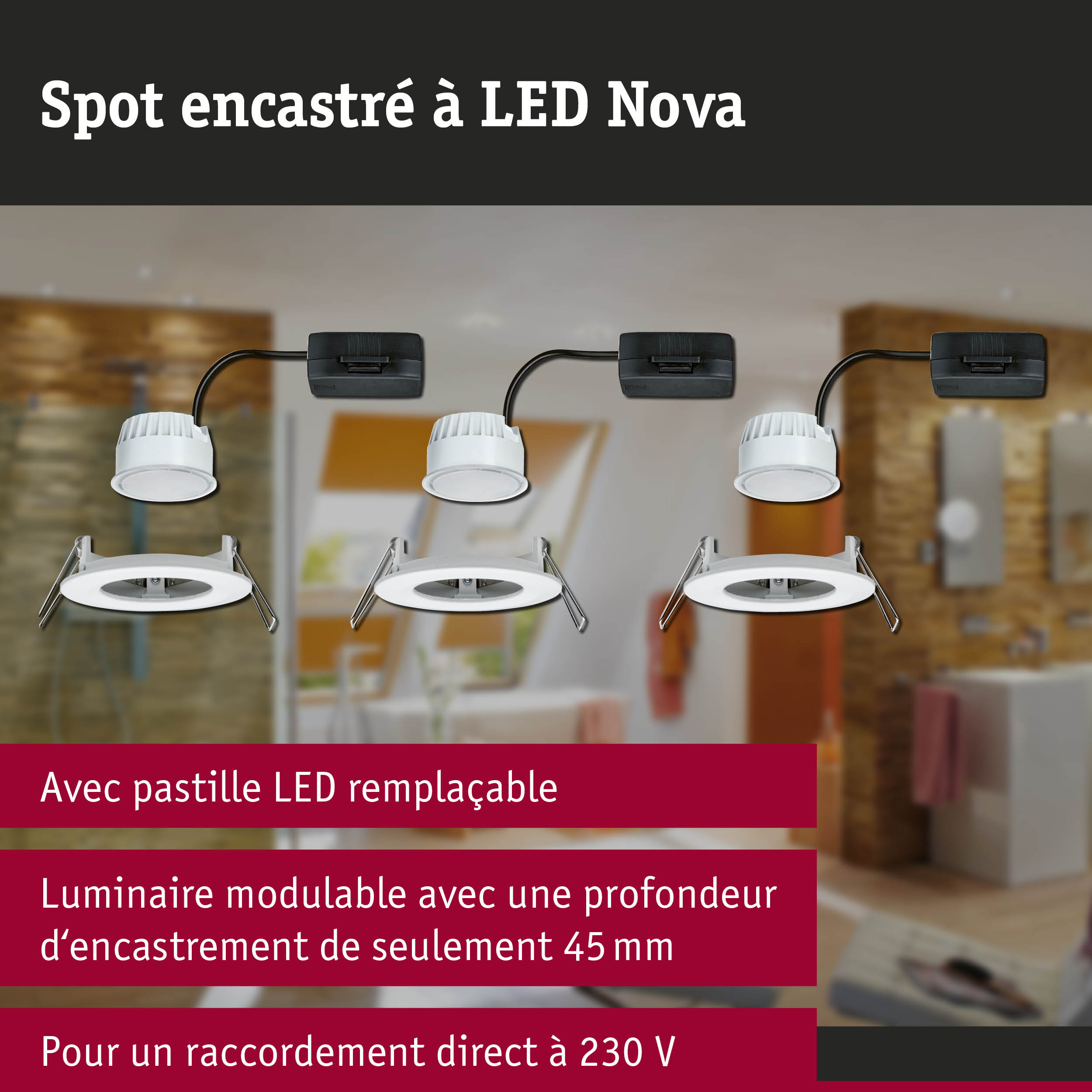 Spot encastré LED Nova blanc modulaire avec LED remplaçable et profondeur d'encastrement de 45 mm