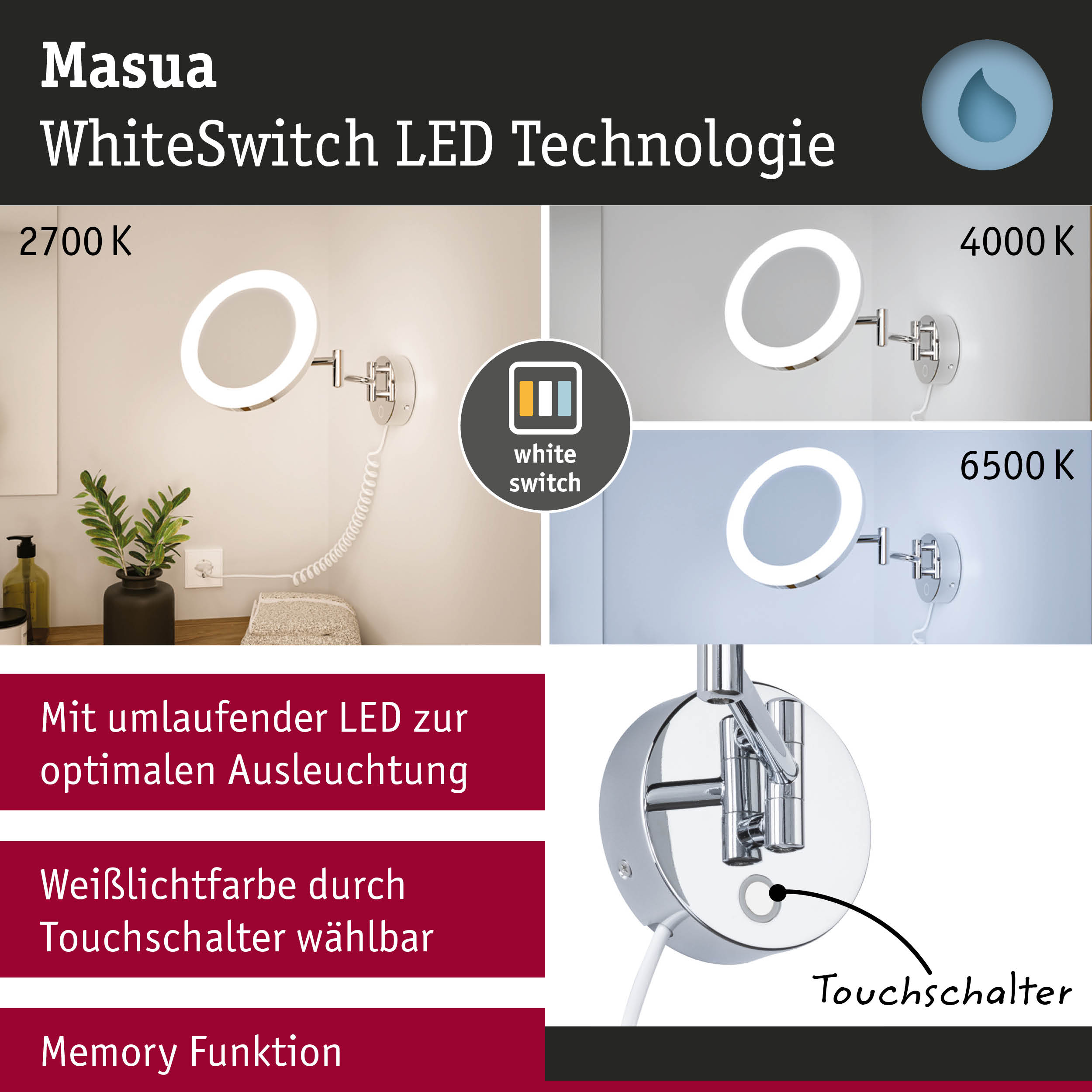 Masua LED-Wandleuchte mit WhiteSwitch-Technologie und einstellbarer Farbtemperatur von 2700K bis 6500K