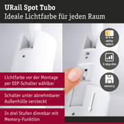 Weißer URail Spot Tubo Strahler mit DIP-Schalter für Lichtfarbe und 3-Stufen-Dimmung mit Memory-Funktion