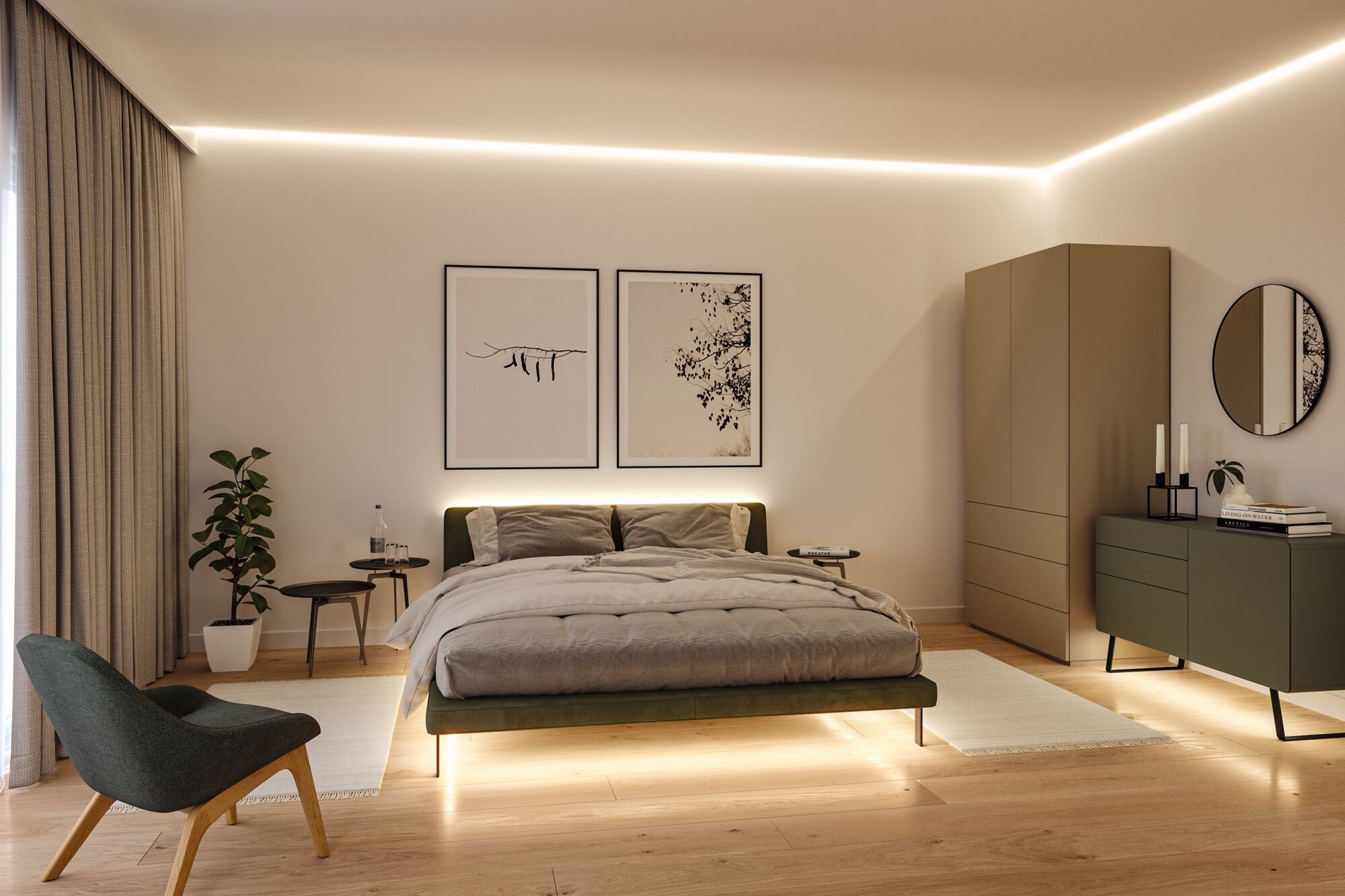 Moderne slaapkamer met indirecte LED-verlichting, groen bed en minimalistisch houten en stoffen meubilair voor gezellige sfeer