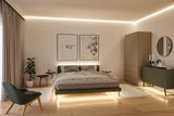 Modern bedroom with indirect LED lighting, green bed, and minimalist wooden and fabric furniture for cozy ambiance