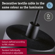 Black decorative textile cable matching the luminaire with IP44 protection rating