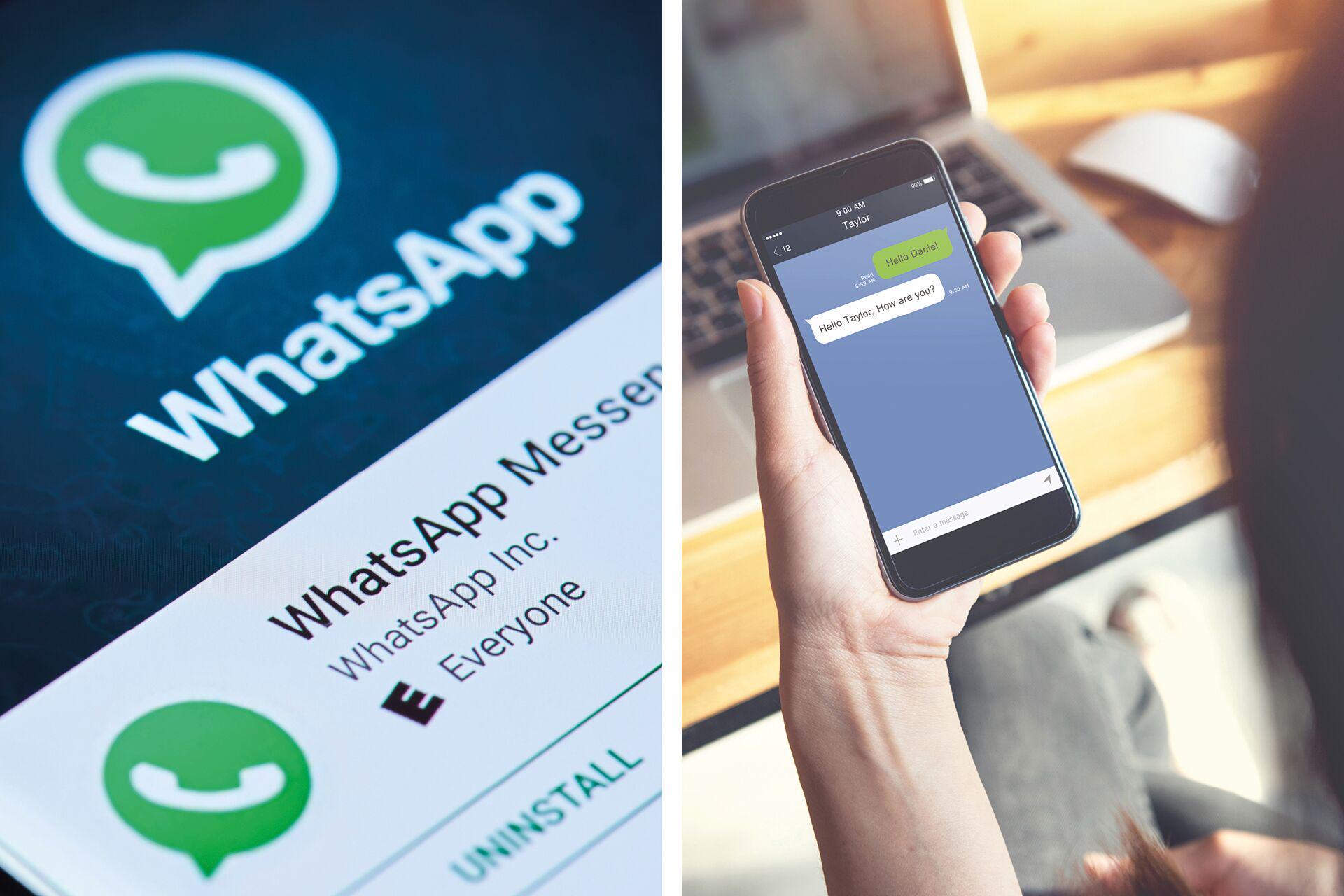 Nahaufnahme der WhatsApp-App auf Smartphone und Chatnachricht in Hand vor Laptop auf Holztisch